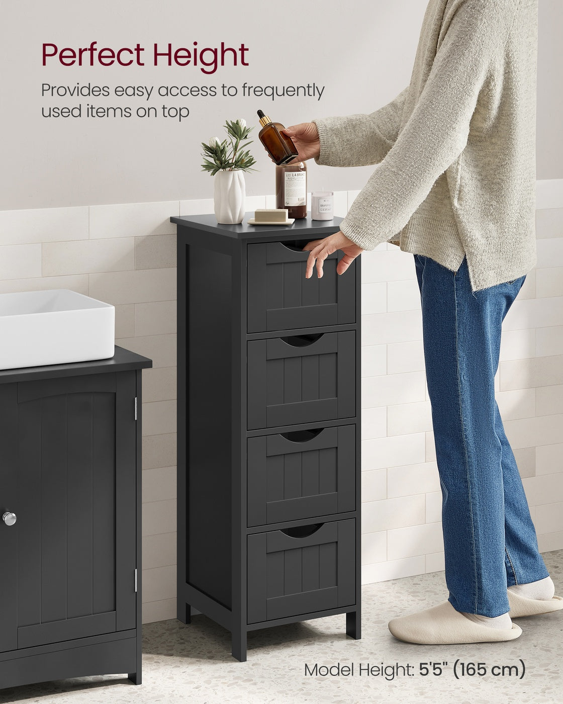 Bathroom Floor Storage Cabinet – Engineered Wood – Grey – Freestanding with 4 Drawers