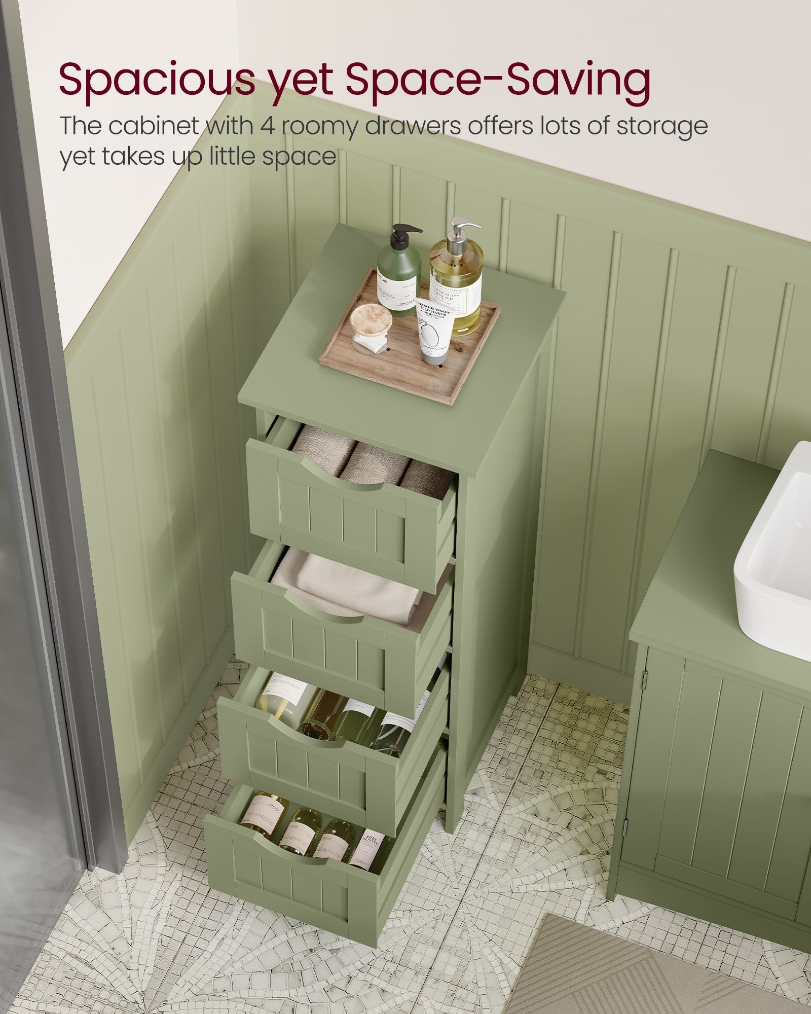 Bathroom Storage Cabinet – Wood – Laurel Green – Freestanding with 4 Drawers
