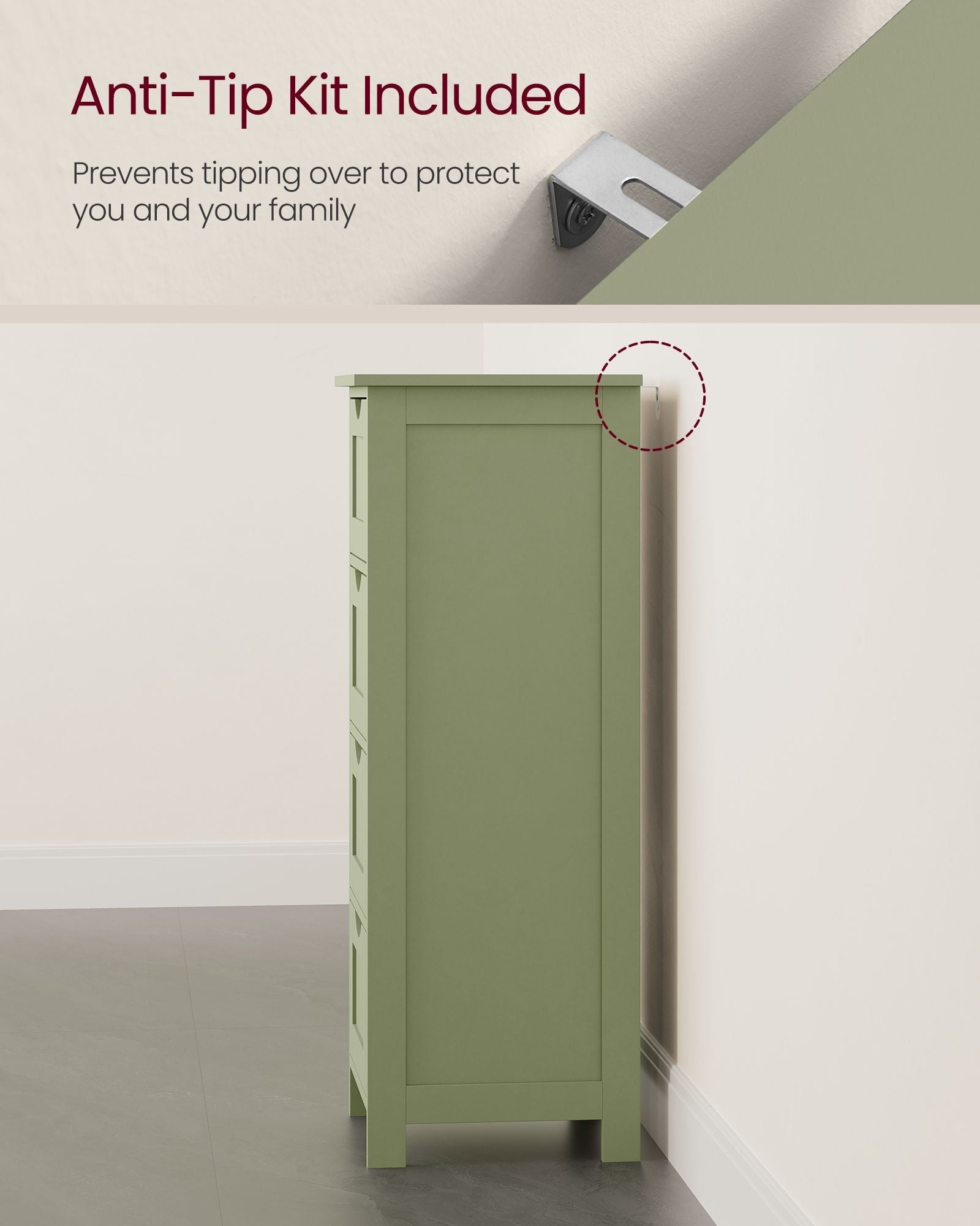 Bathroom Storage Cabinet – Wood – Laurel Green – Freestanding with 4 Drawers
