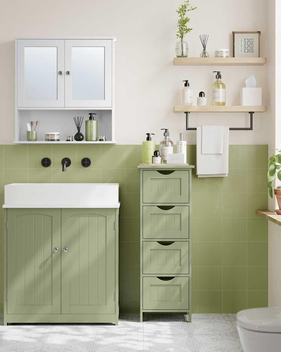 Bathroom Storage Cabinet – Wood – Laurel Green – Freestanding with 4 Drawers