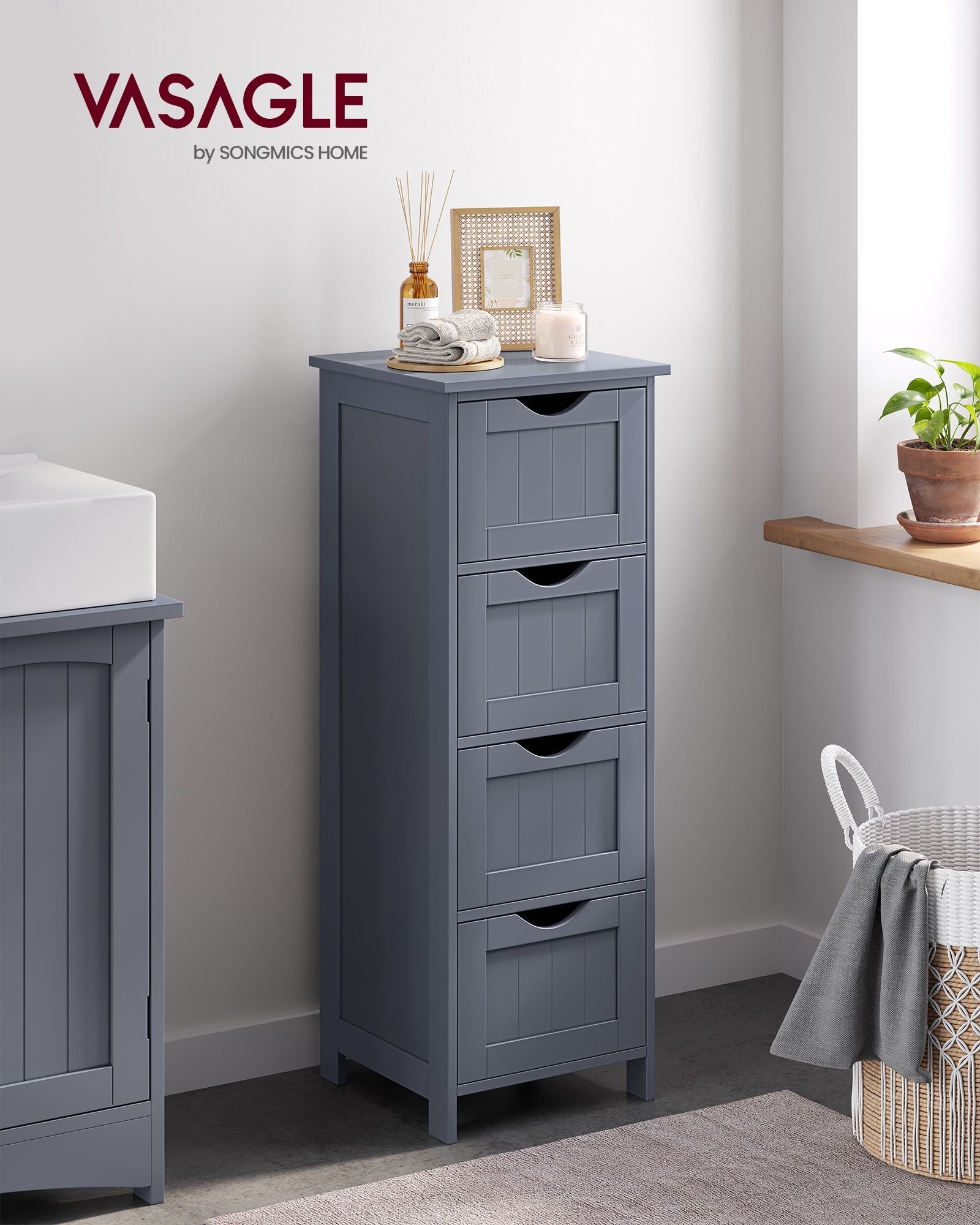 Bathroom Floor Storage Cabinet – MDF – Slate Grey – Freestanding with 4 Drawers