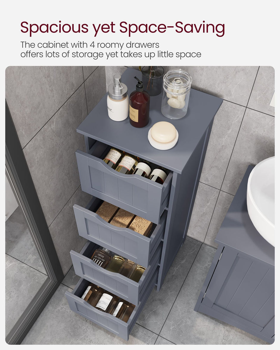 Bathroom Floor Storage Cabinet – MDF – Slate Grey – Freestanding with 4 Drawers