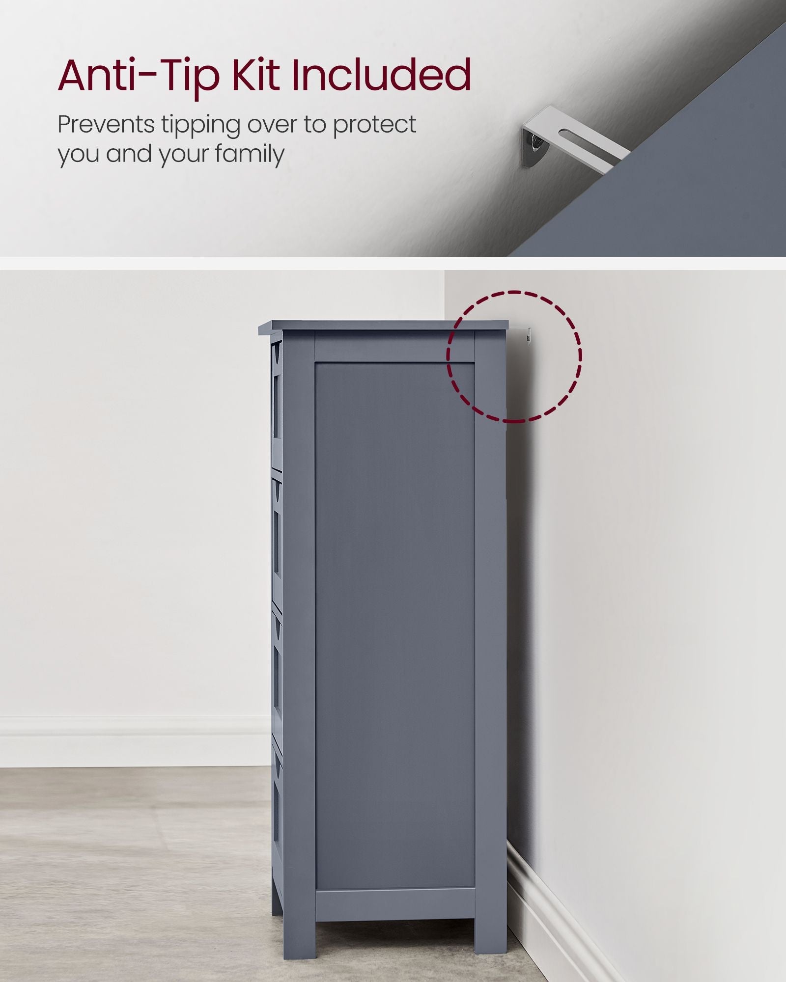 Bathroom Floor Storage Cabinet – MDF – Slate Grey – Freestanding with 4 Drawers