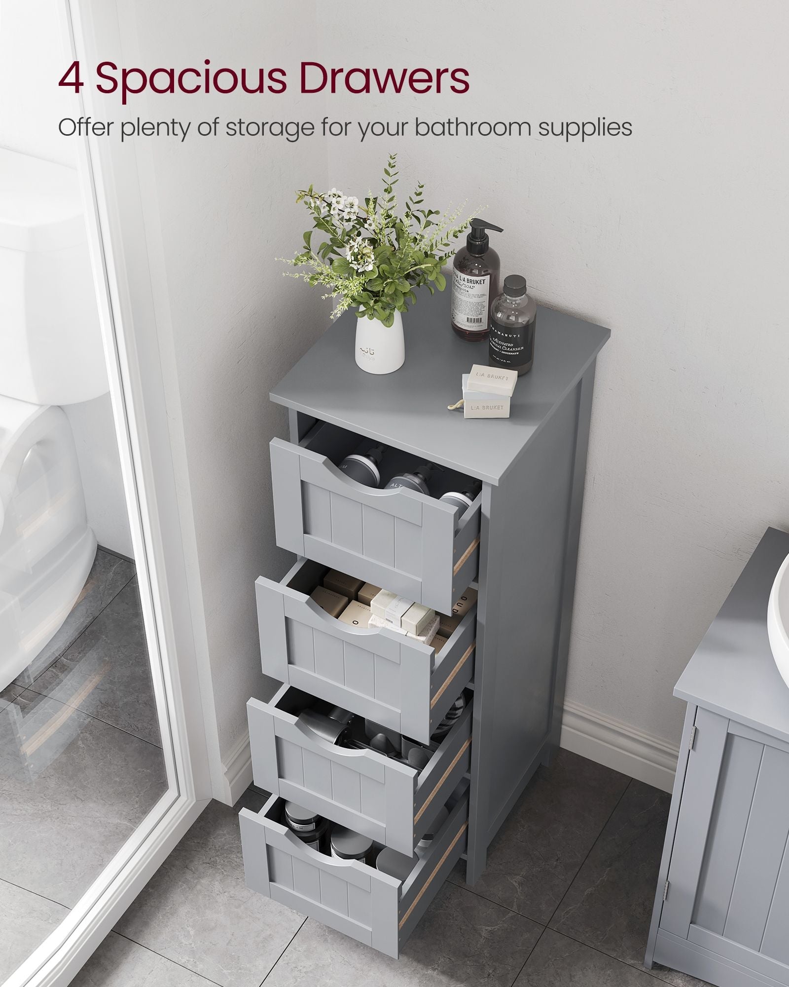 Bathroom Floor Storage Cabinet – Wood – Mystic Grey – Freestanding with 4 Drawers