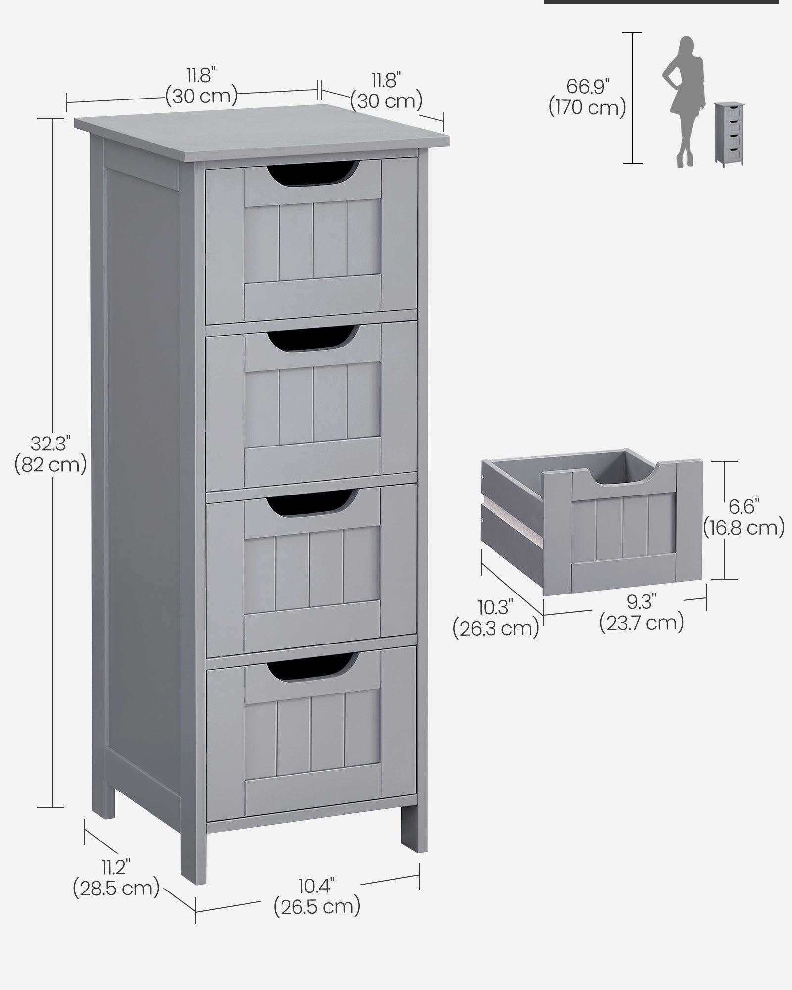 Bathroom Floor Storage Cabinet – Wood – Mystic Grey – Freestanding with 4 Drawers