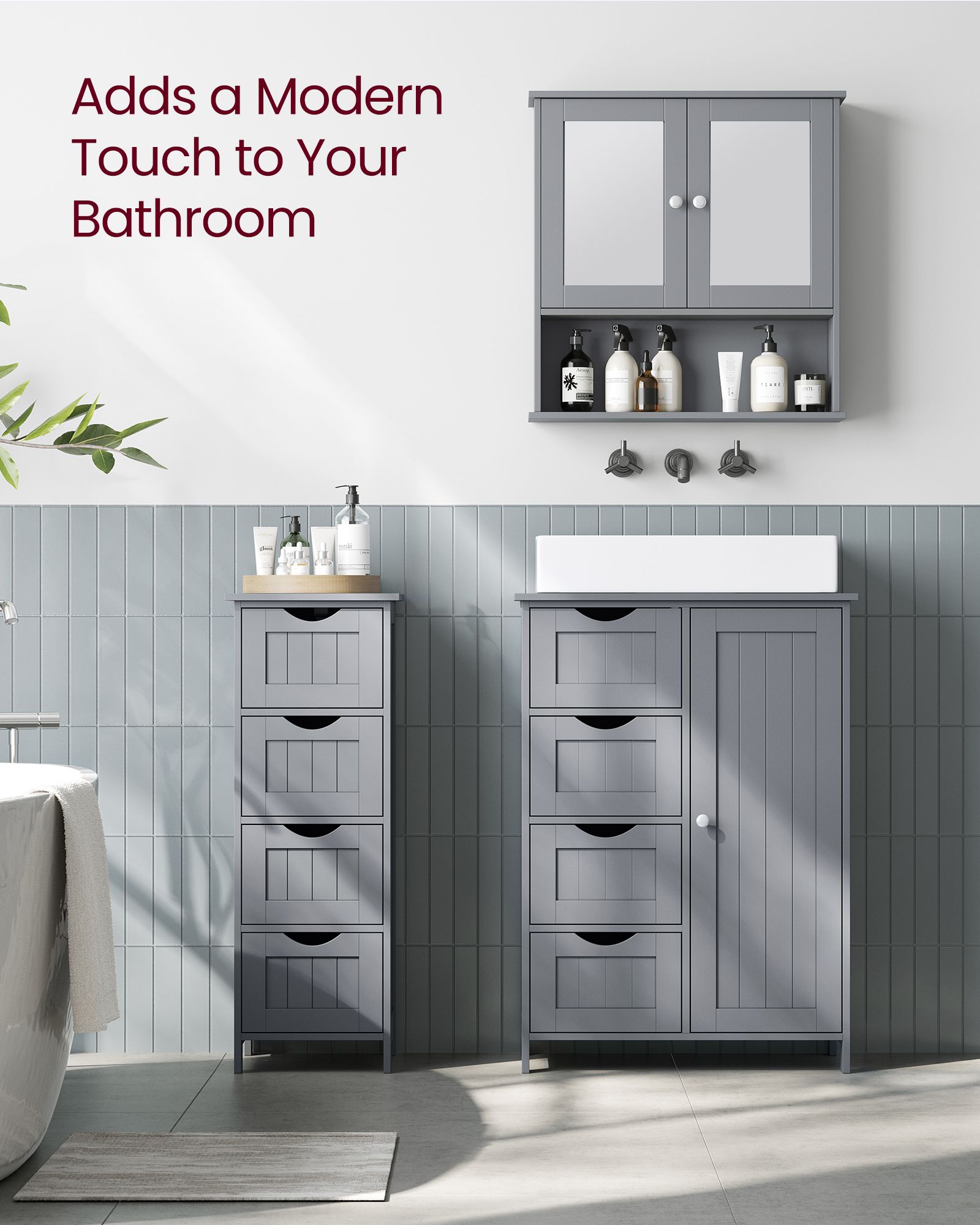Bathroom Floor Storage Cabinet – Wood – Mystic Grey – Freestanding with 4 Drawers