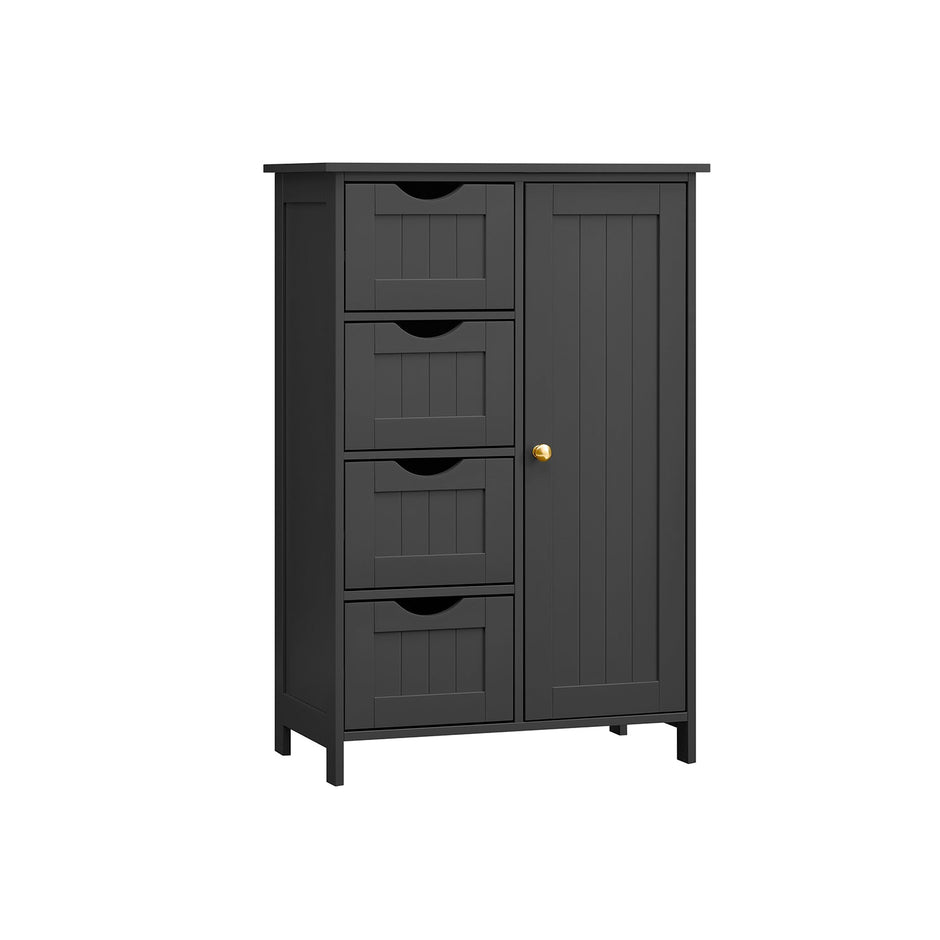 Bathroom Floor Storage Cabinet – White Wood – Ink Black – 4 Drawers and 1 Wardrobe Compartment