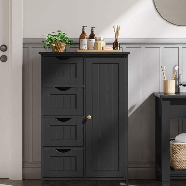 Bathroom Floor Storage Cabinet – White Wood – Ink Black – 4 Drawers and 1 Wardrobe Compartment
