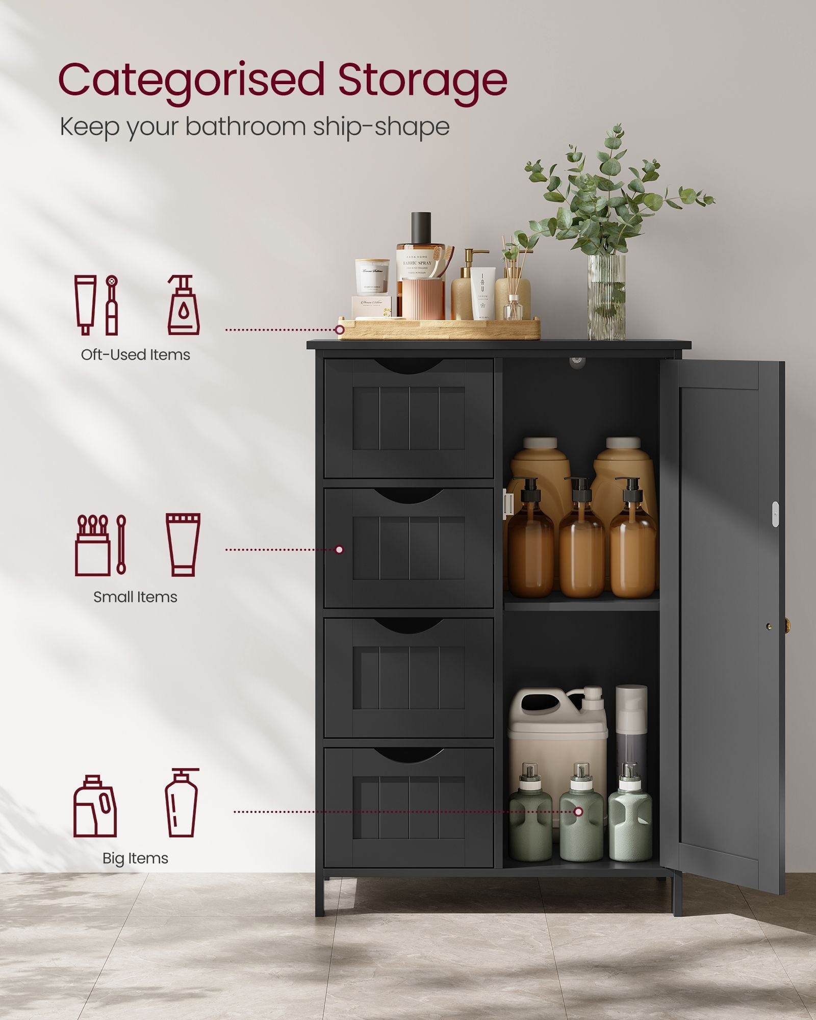 Bathroom Floor Storage Cabinet – White Wood – Ink Black – 4 Drawers and 1 Wardrobe Compartment
