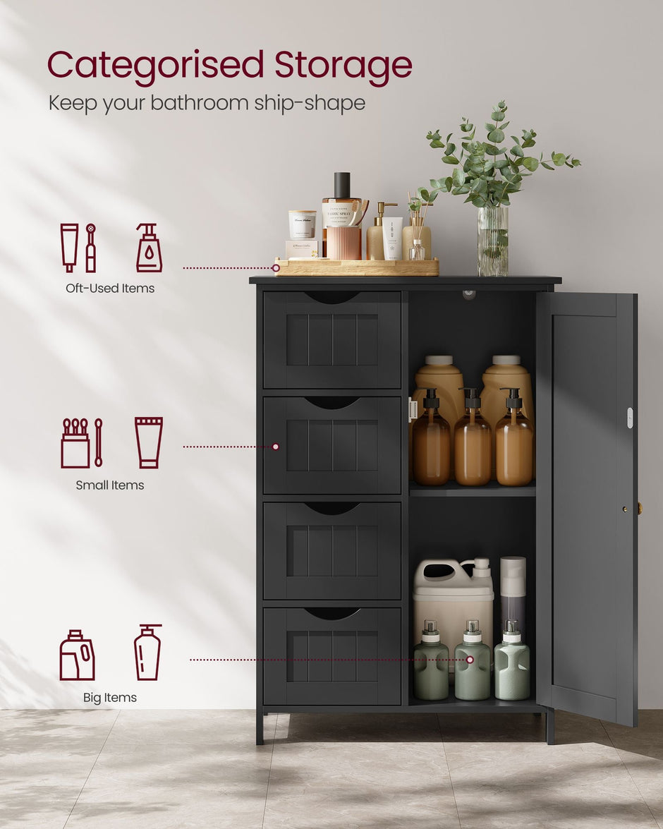 Bathroom Floor Storage Cabinet – White Wood – Ink Black – 4 Drawers and 1 Wardrobe Compartment