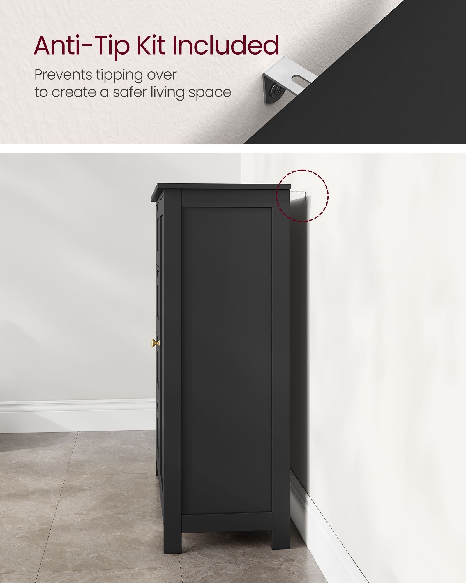 Bathroom Floor Storage Cabinet – White Wood – Ink Black – 4 Drawers and 1 Wardrobe Compartment