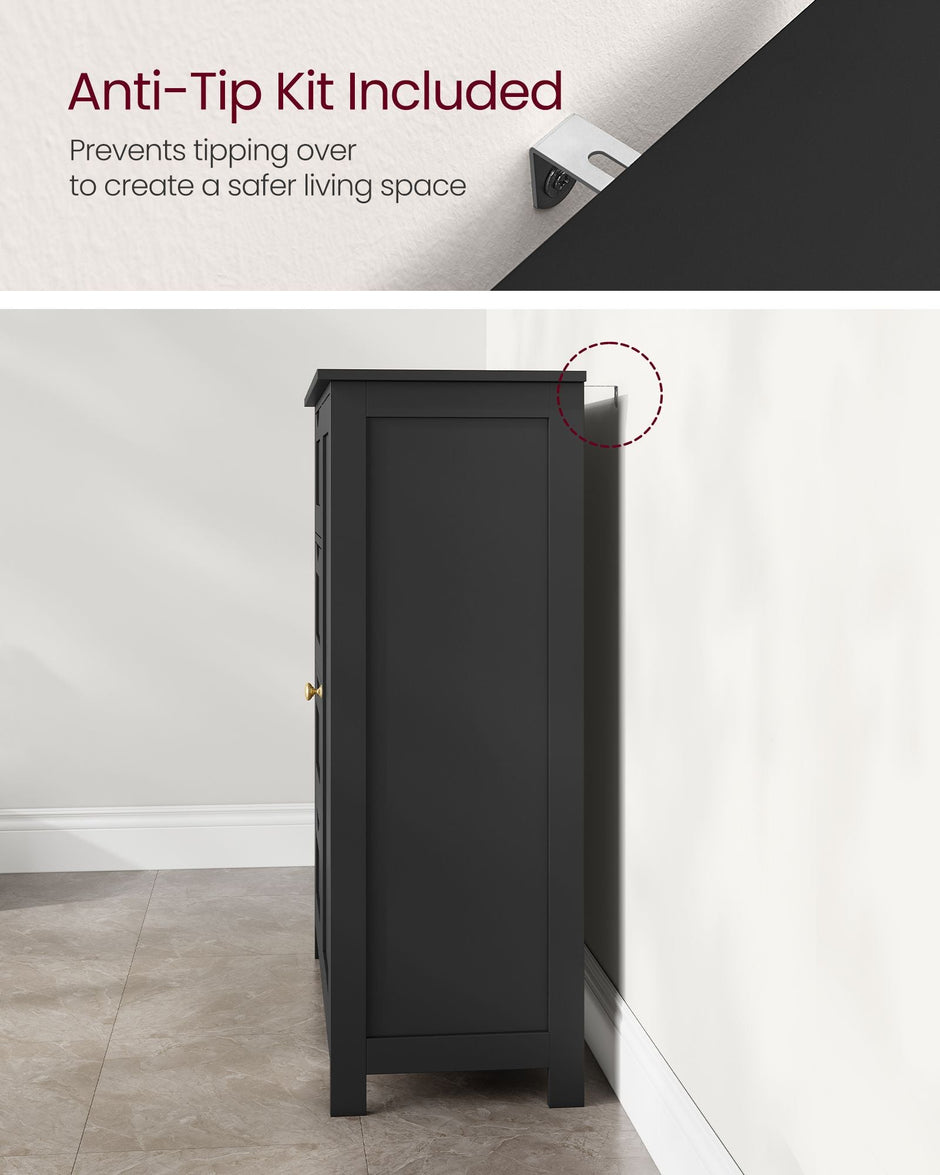 Bathroom Floor Storage Cabinet – White Wood – Ink Black – 4 Drawers and 1 Wardrobe Compartment