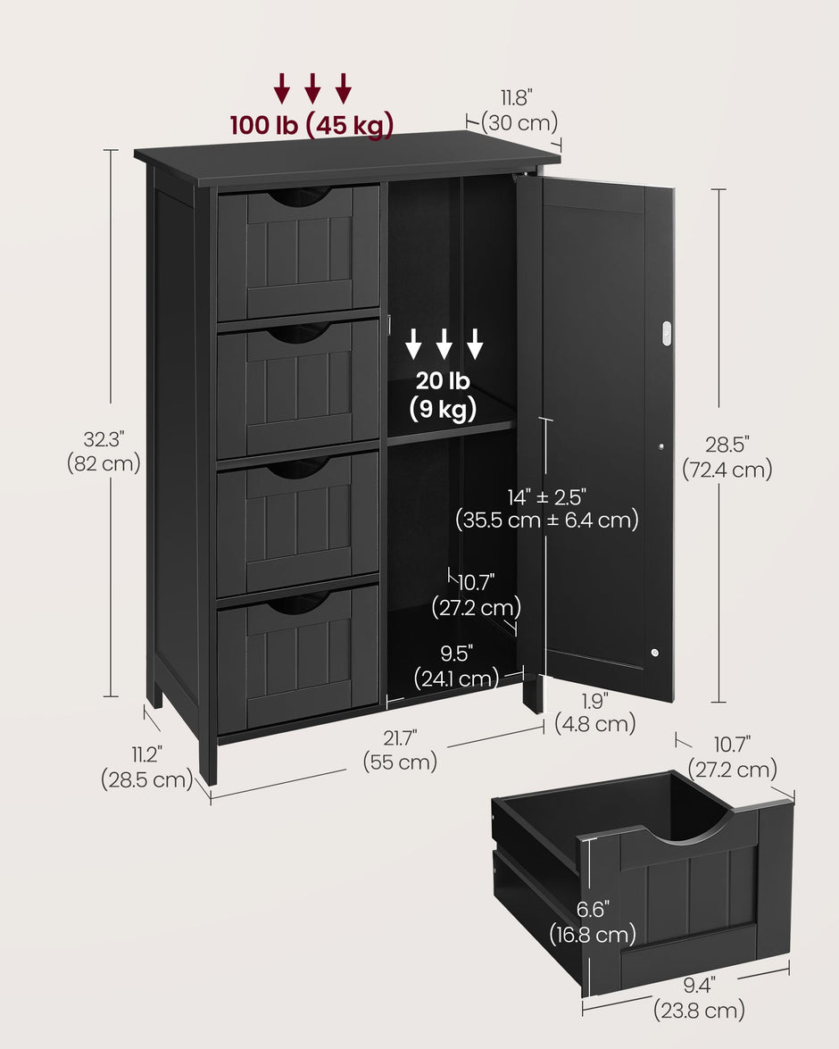 Bathroom Floor Storage Cabinet – White Wood – Ink Black – 4 Drawers and 1 Wardrobe Compartment