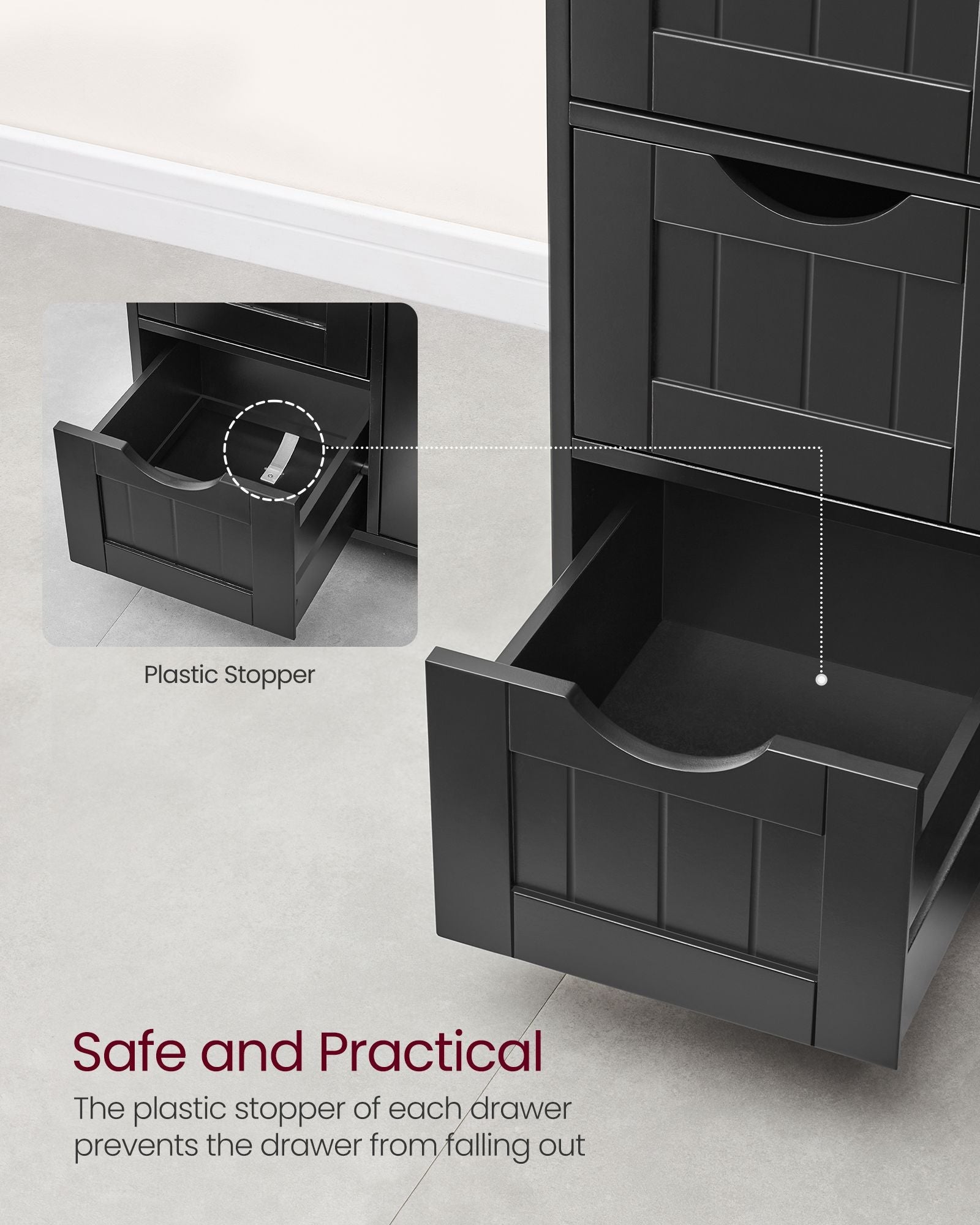 Bathroom Floor Storage Cabinet – White Wood – Ink Black – 4 Drawers and 1 Wardrobe Compartment