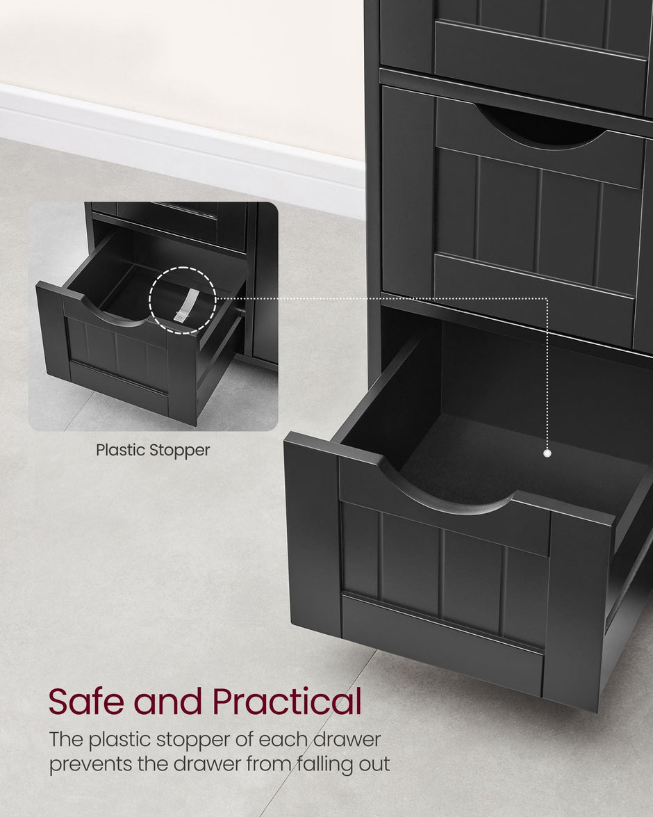 Bathroom Floor Storage Cabinet – White Wood – Ink Black – 4 Drawers and 1 Wardrobe Compartment