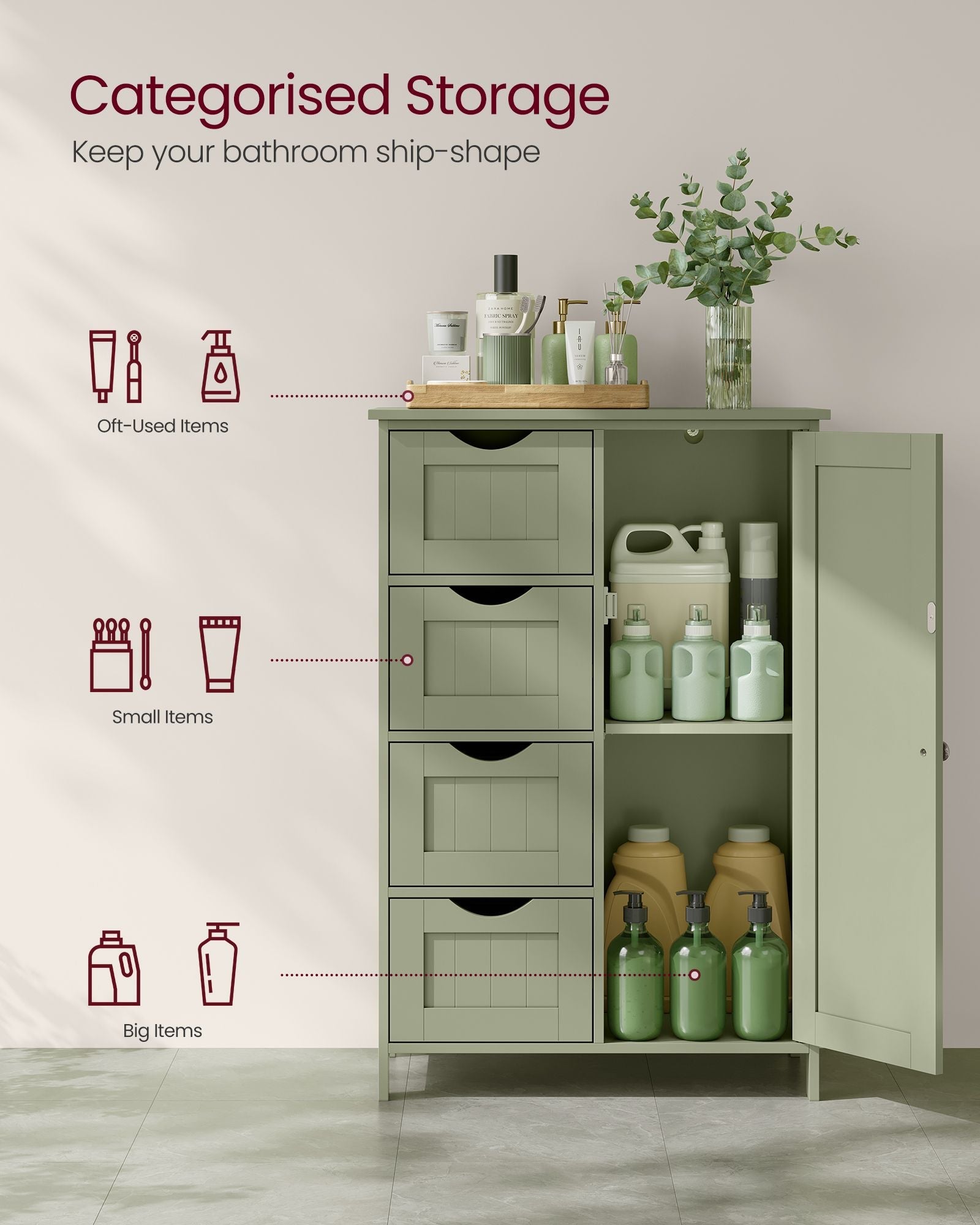 Bathroom Storage Unit – Wood – White – 4 Drawers and 1 Wardrobe Compartment