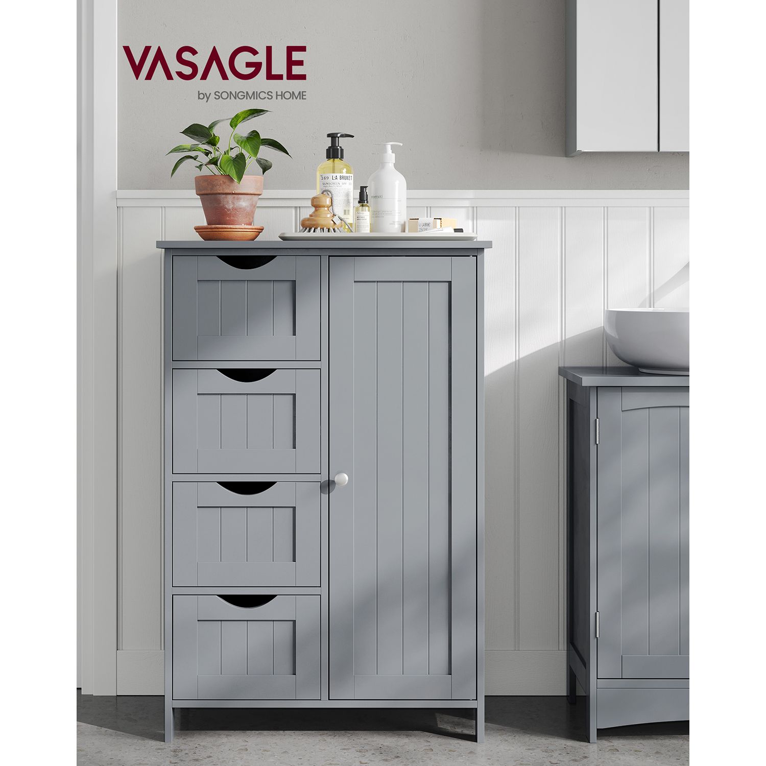 Bathroom Floor Storage Cabinet – Wood – White – Features 4 Drawers and 1 Wardrobe Compartment