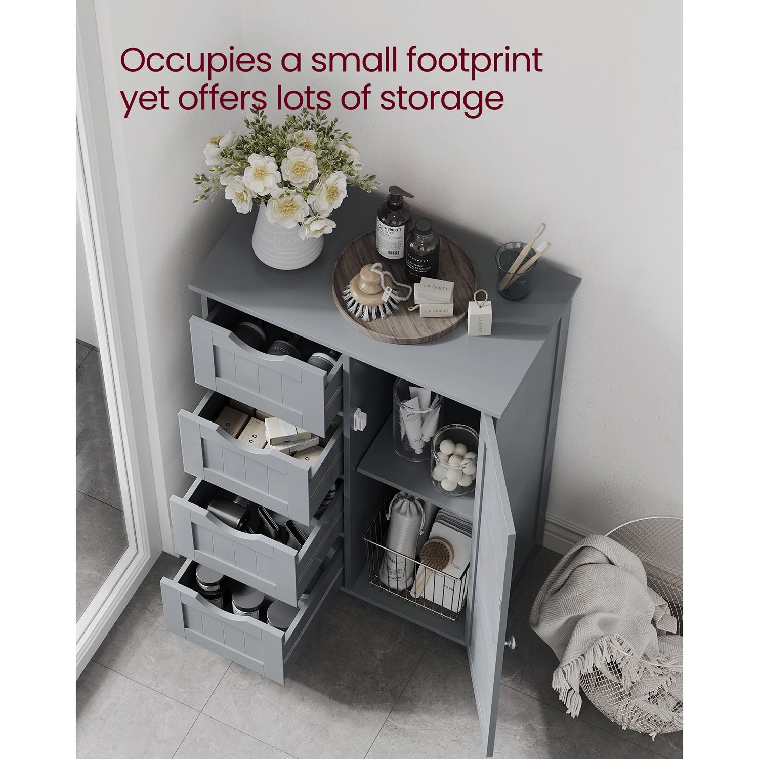 Bathroom Floor Storage Cabinet – Wood – White – Features 4 Drawers and 1 Wardrobe Compartment