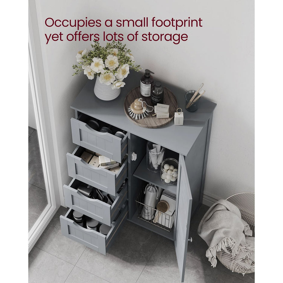 Bathroom Floor Storage Cabinet – Wood – White – Features 4 Drawers and 1 Wardrobe Compartment
