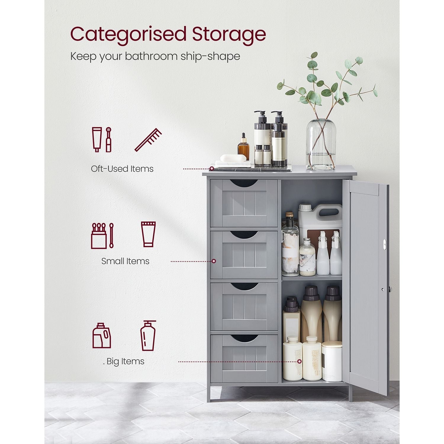 Bathroom Floor Storage Cabinet – Wood – White – Features 4 Drawers and 1 Wardrobe Compartment