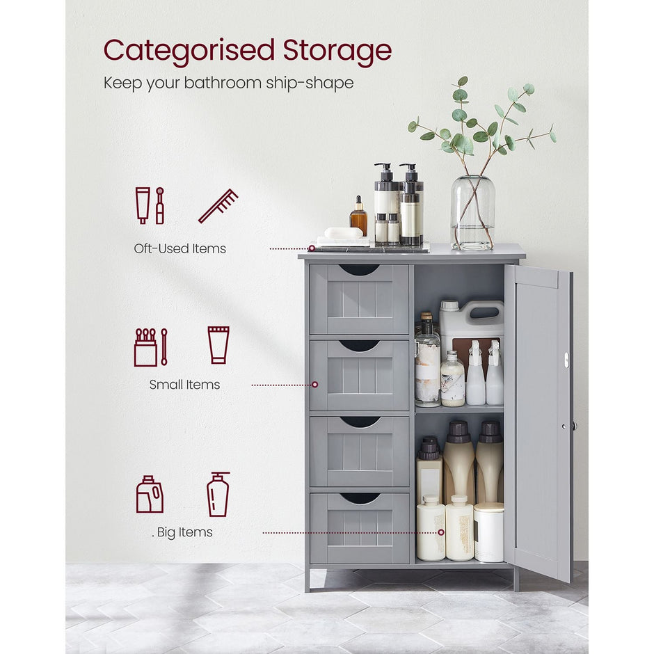 Bathroom Floor Storage Cabinet – Wood – White – Features 4 Drawers and 1 Wardrobe Compartment