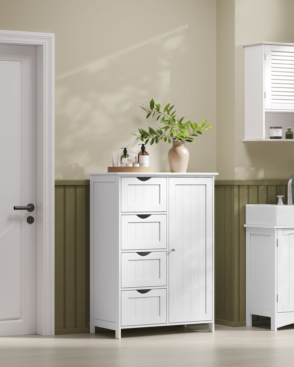 Bathroom Floor Storage Cabinet – Wood – Cloud White – 4 Drawers and Adjustable Shelf