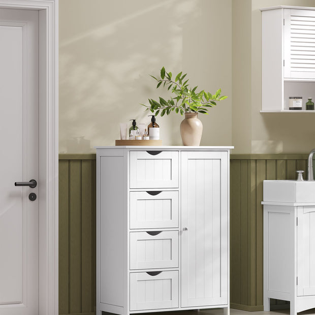 Bathroom Floor Storage Cabinet – Wood – Cloud White – 4 Drawers and Adjustable Shelf