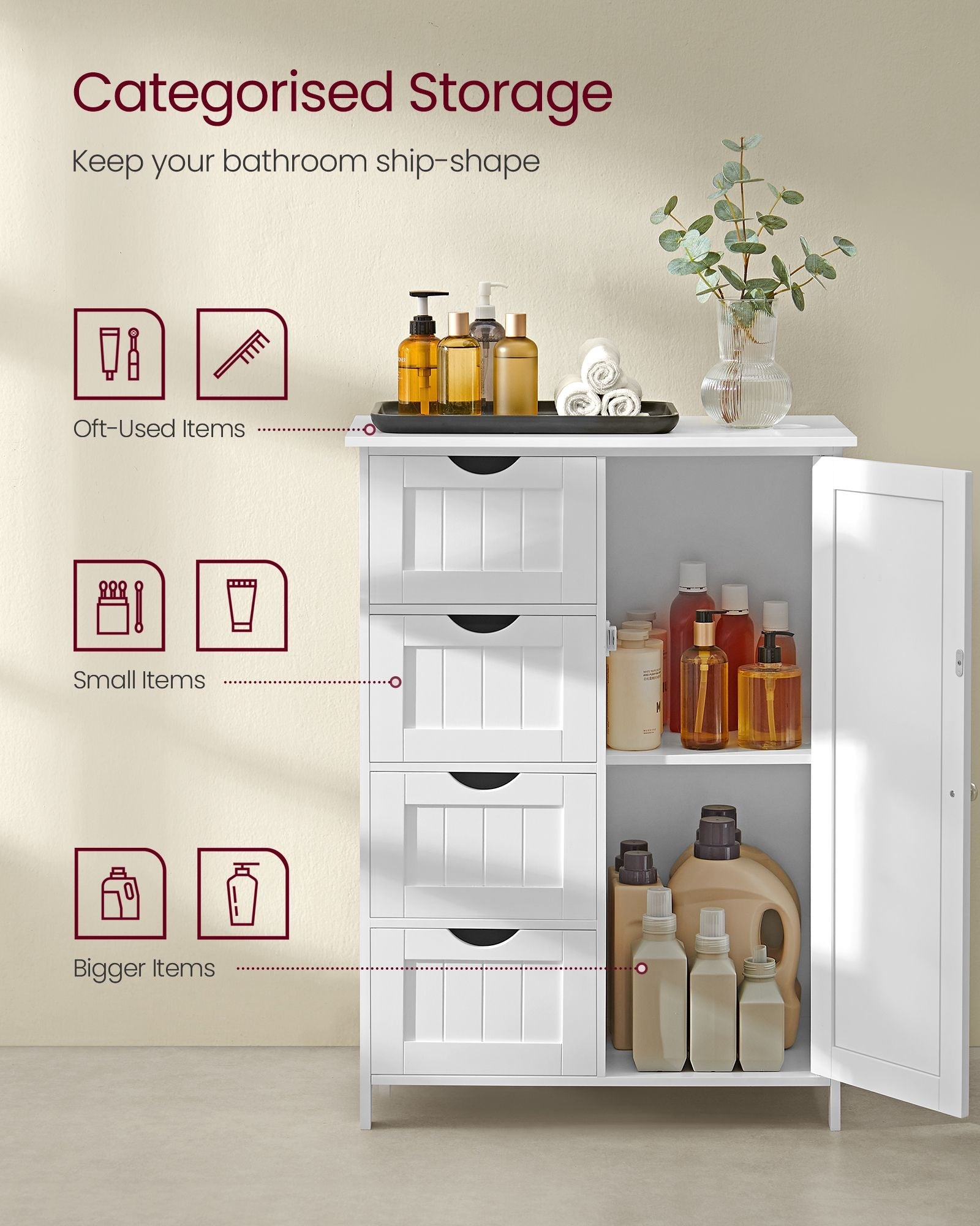 Bathroom Floor Storage Cabinet – Wood – Cloud White – 4 Drawers and Adjustable Shelf