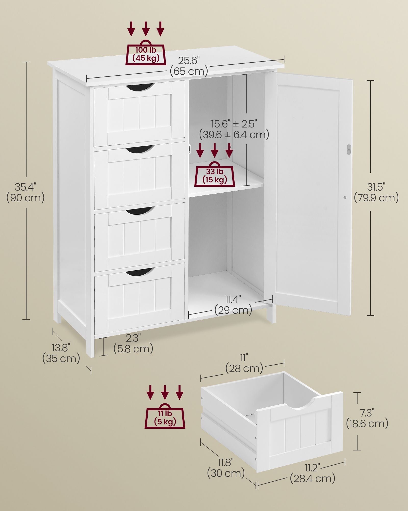 Bathroom Floor Storage Cabinet – Wood – Cloud White – 4 Drawers and Adjustable Shelf