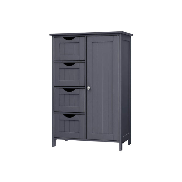 Bathroom Floor Storage Cabinet – White Wood – Grey – 4 Drawers and 1 Wardrobe Compartment