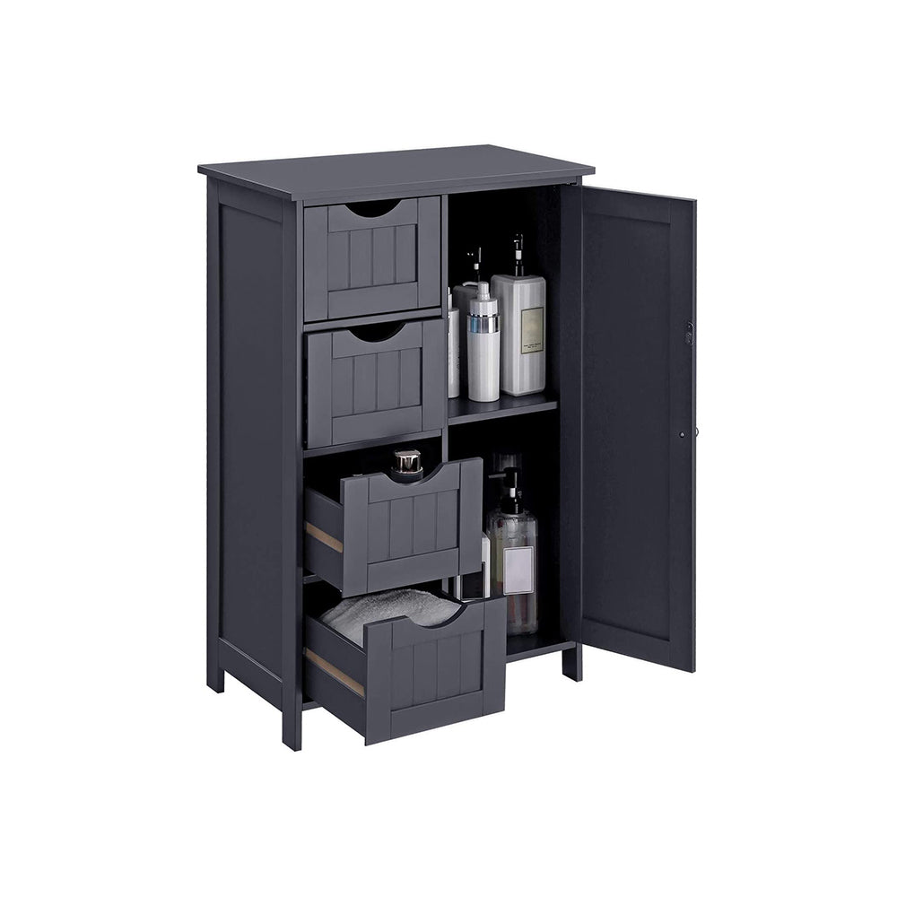 Bathroom Floor Storage Cabinet – White Wood – Grey – 4 Drawers and 1 Wardrobe Compartment