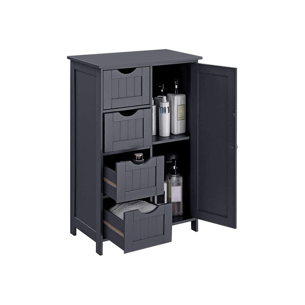 Bathroom Floor Storage Cabinet – White Wood – Grey – 4 Drawers and 1 Wardrobe Compartment