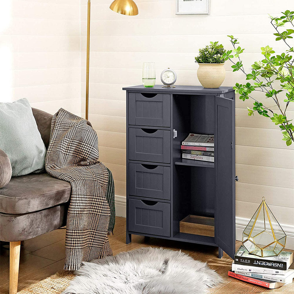 Bathroom Floor Storage Cabinet – White Wood – Grey – 4 Drawers and 1 Wardrobe Compartment