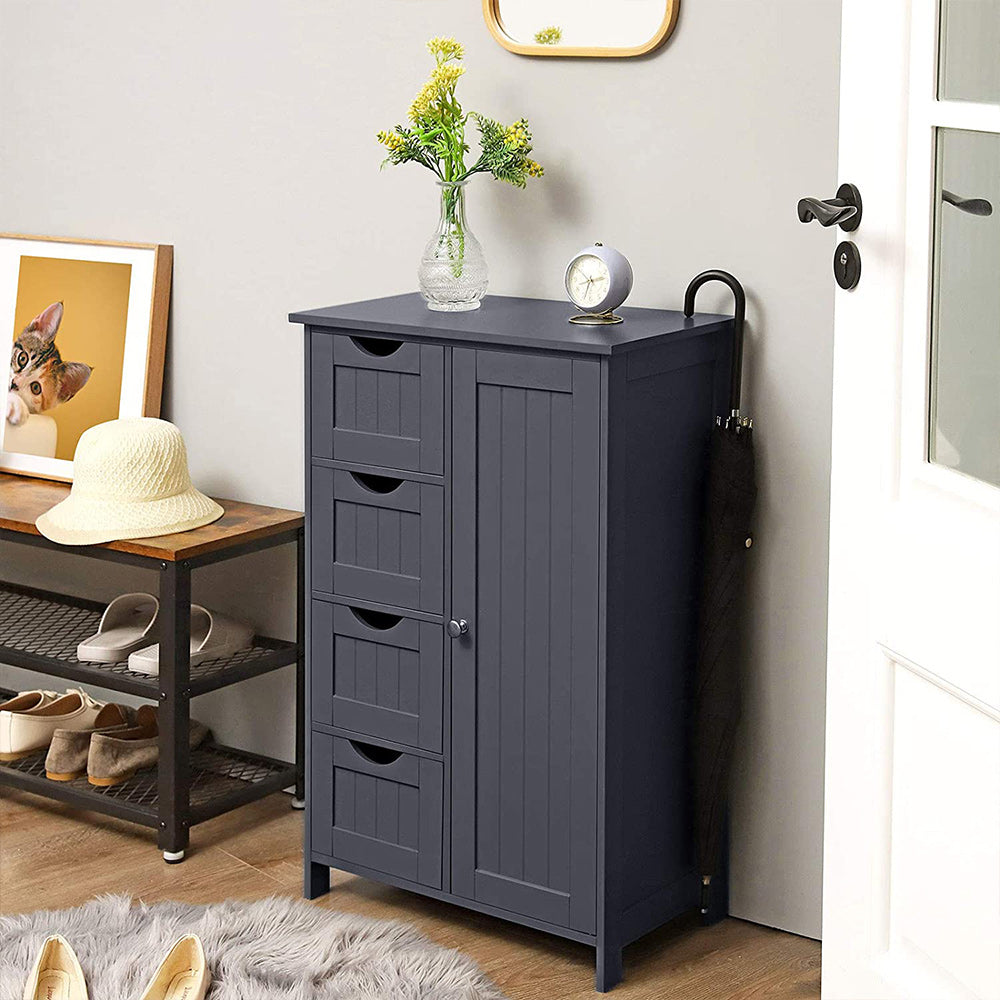 Bathroom Floor Storage Cabinet – White Wood – Grey – 4 Drawers and 1 Wardrobe Compartment