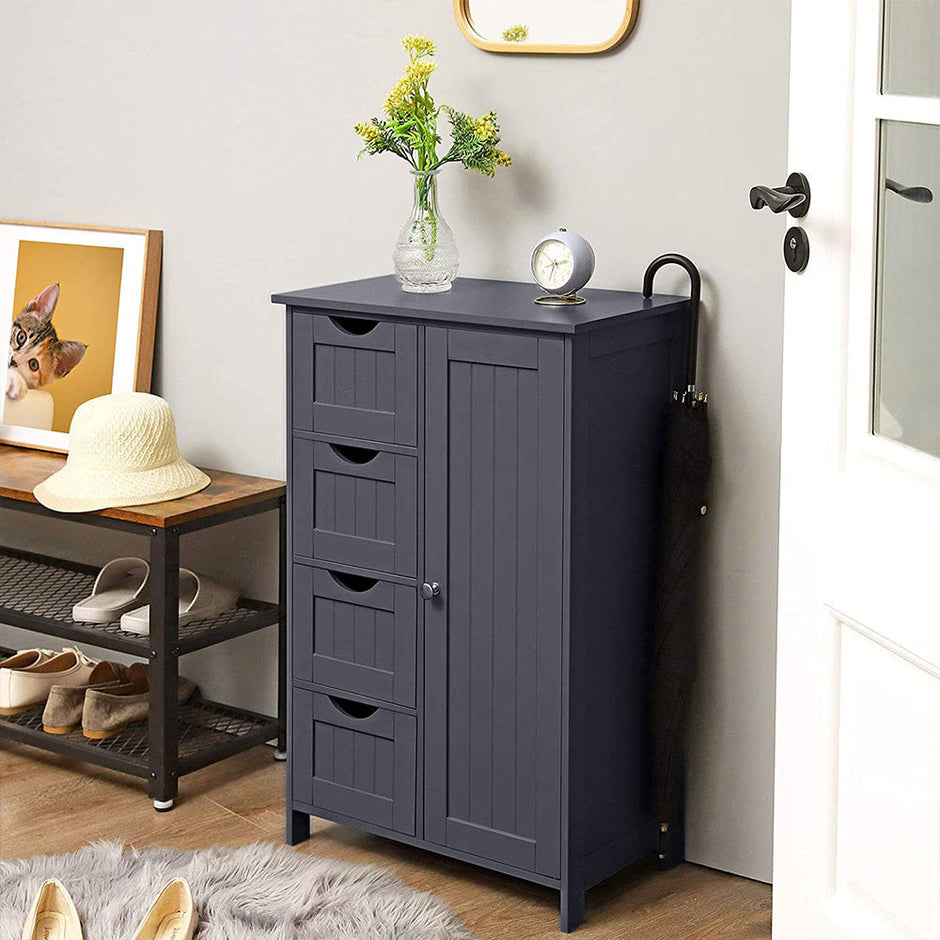 Bathroom Floor Storage Cabinet – White Wood – Grey – 4 Drawers and 1 Wardrobe Compartment