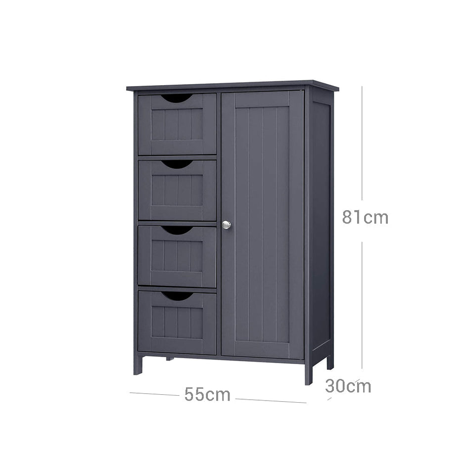 Bathroom Floor Storage Cabinet – White Wood – Grey – 4 Drawers and 1 Wardrobe Compartment