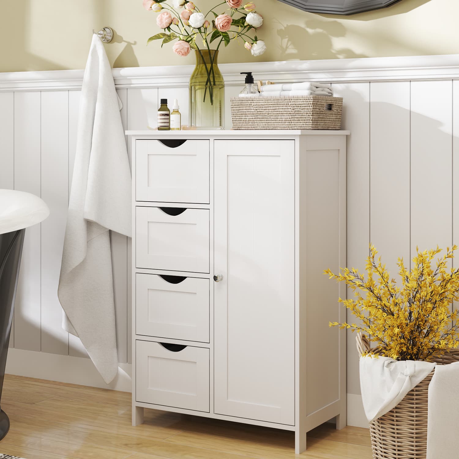 Bathroom Floor Storage Cabinet – Wood – Cloud White – Freestanding with 4 Drawers and 1 Door
