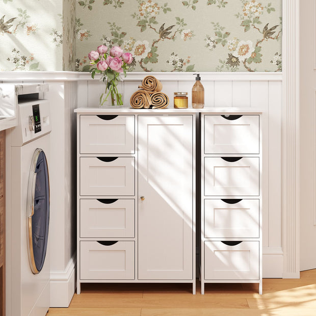 Bathroom Floor Storage Cabinet – Wood – Cloud White – Freestanding with 4 Drawers and 1 Door