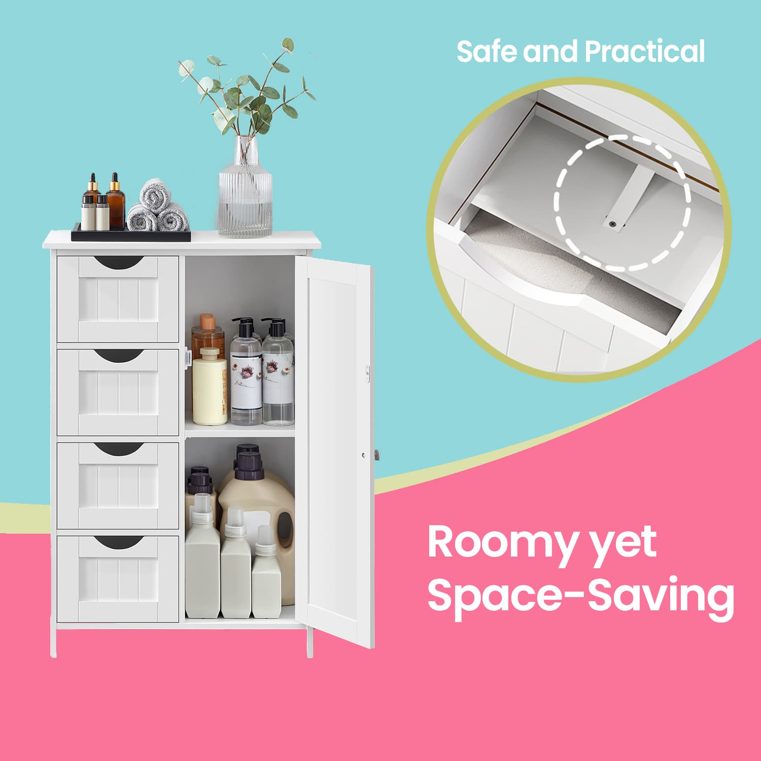 Bathroom Floor Storage Cabinet – Wood – Cloud White – Freestanding with 4 Drawers and 1 Door