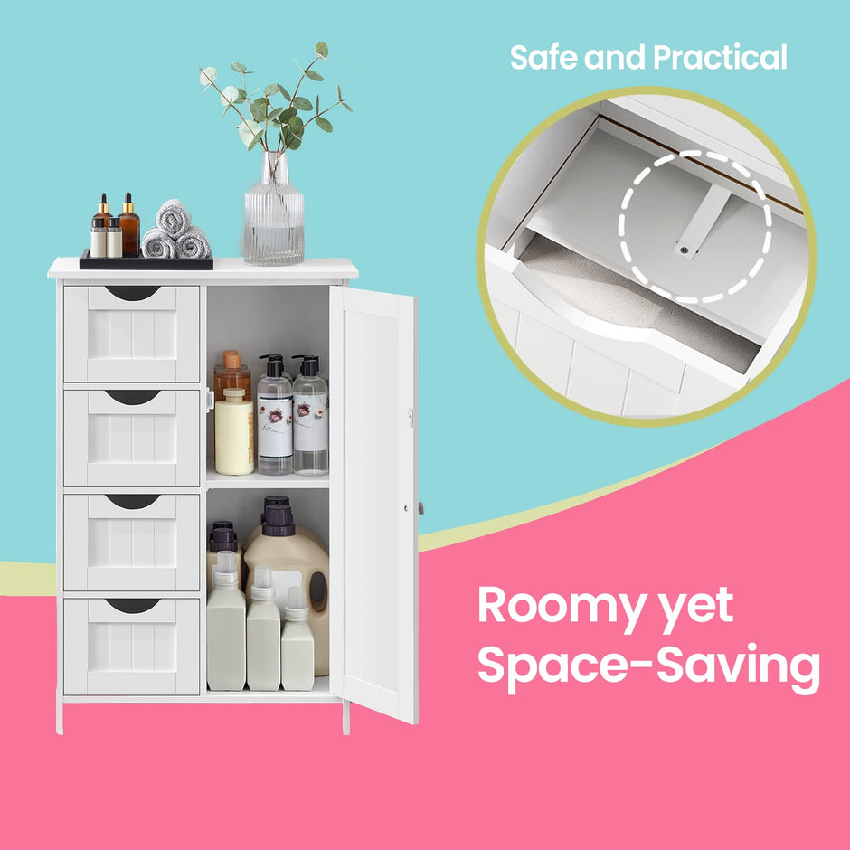 Bathroom Floor Storage Cabinet – Wood – Cloud White – Freestanding with 4 Drawers and 1 Door