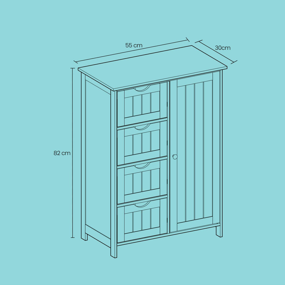 Bathroom Floor Storage Cabinet – Wood – Cloud White – Freestanding with 4 Drawers and 1 Door