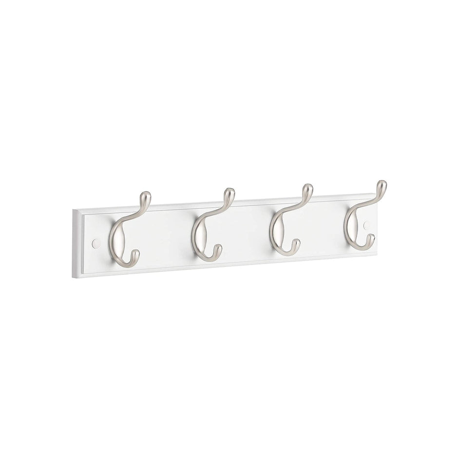 Wall-Mounted Coat Rack – Wood and Metal – White and Silver – 4 Hooks
