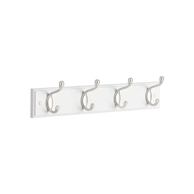 Wall-Mounted Coat Rack – Wood and Metal – White and Silver – 4 Hooks