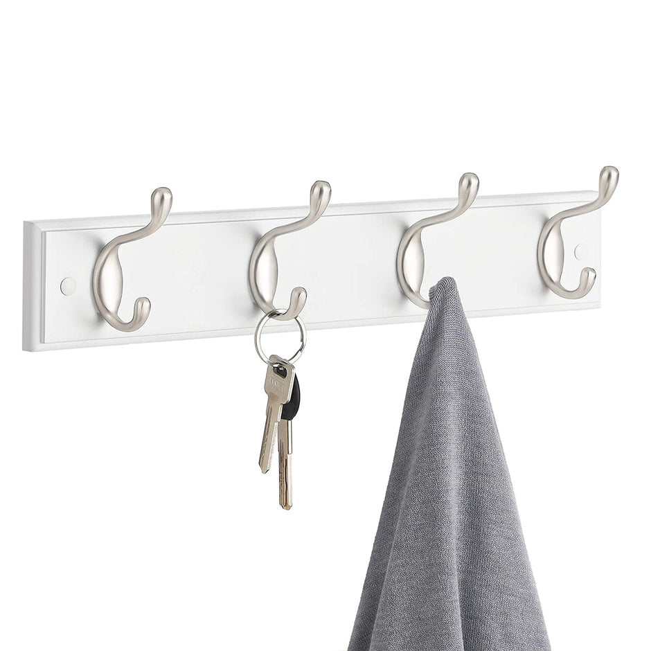 Wall-Mounted Coat Rack – Wood and Metal – White and Silver – 4 Hooks