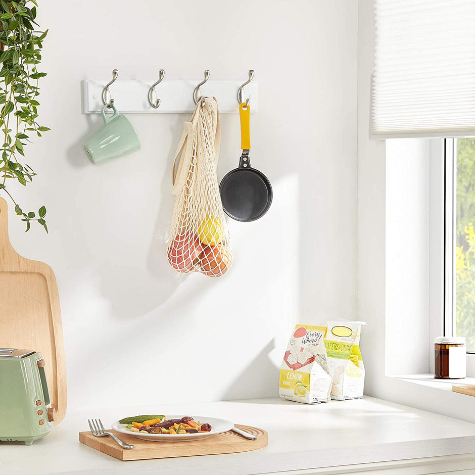 Wall-Mounted Coat Rack – Wood and Metal – White and Silver – 4 Hooks