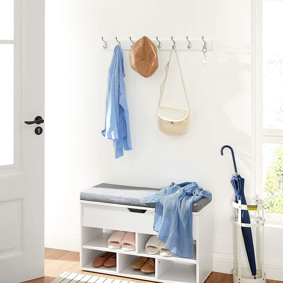 Wall-Mounted Coat Rack – Wood and Metal – White and Silver – 4 Hooks