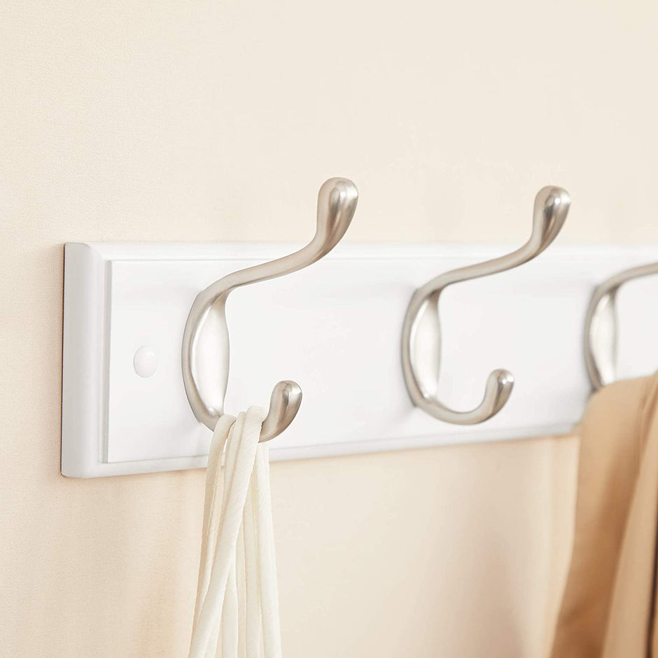 Wall-Mounted Coat Rack – Wood and Metal – White and Silver – 4 Hooks