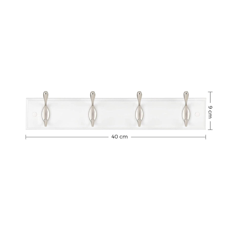 Wall-Mounted Coat Rack – Wood and Metal – White and Silver – 4 Hooks