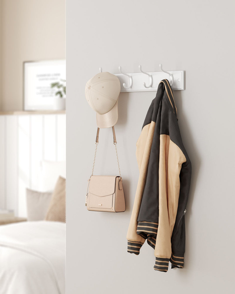 Set of 2 Wall-Mounted Coat Racks – Metal and Wood – Cloud White – 4 Hooks Each