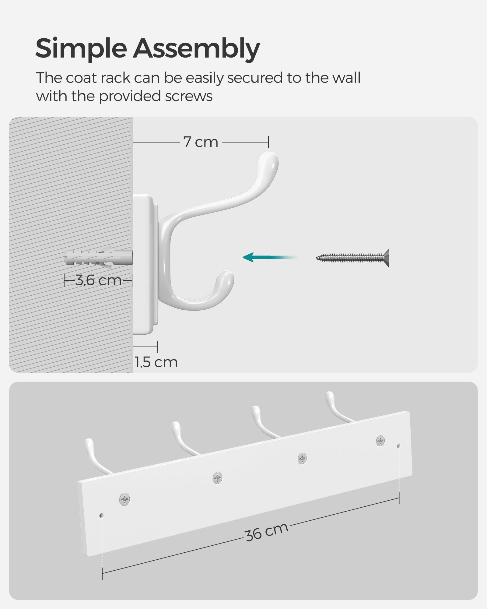 Set of 2 Wall-Mounted Coat Racks – Metal and Wood – Cloud White – 4 Hooks Each